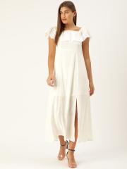 AND Women White Solid Maxi Dress with Schiffli Embroidered Detail