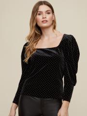 DOROTHY PERKINS Women Black Velvet Finish Knitted Embellished Puff Sleeves Top