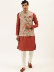 Manyavar Men Maroon & Grey Solid Kurta with Churidar & Nehru Jacket