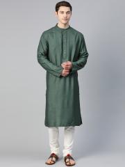 Fabindia Men Green Solid Straight Kurta