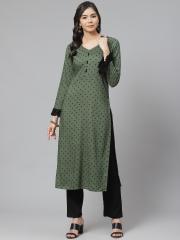 Ives Women Green & Black Printed Kurta with Trousers