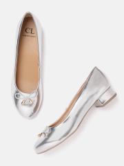 Carlton London Women Silver-Toned Solid Ballerinas with Bow Detail