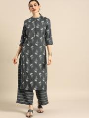 Anouk Women Grey Printed Kurta with Palazzos