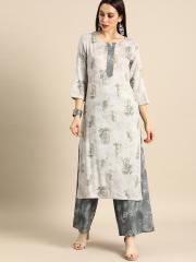 Anouk Women Grey Printed Kurta with Palazzos