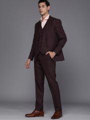 Louis Philippe Men Maroon Checked Slim-Fit Single-Breasted Three-Piece Formal Suit