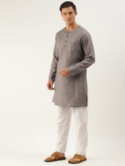 Ode by House of Pataudi Men Grey Solid Straight Kurta