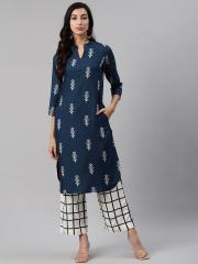 Biba Women Navy Blue Printed Kurta with Palazzos