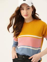 DressBerry Women Mustard & Blue Striped Pullover Sweater