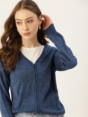 DressBerry Women Navy Blue Solid Cardigan