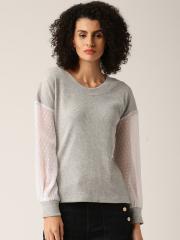 DressBerry Women Grey Melange Solid Pullover Sweatshirt