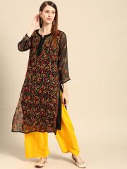 Saadgi Women Black & Yellow Embroidered Kurta with Palazzos & Dupatta