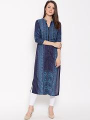 Biba Women Blue Printed Straight Kurta