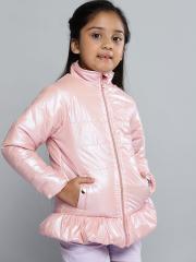 YK Girls Pink Solid Padded Jacket with Sheen Effect