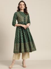 Sangria Women Green & Golden Printed Anarkali Kurta