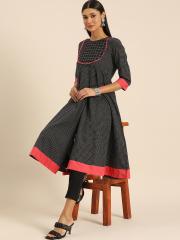 Anouk Women Black & Grey Checked Kurta