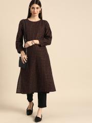 Anouk Women Black & Maroon Checked Kurta