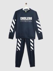 YK Boys Navy Blue & White Printed Fleece Lined Sweatshirt with Joggers