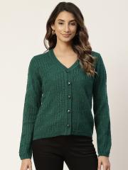 Madame Women Green Self Design Cardigan