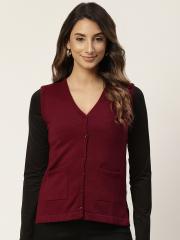 Madame Women Maroon Solid Cardigan