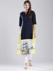 W Women Navy Blue Printed Kurta