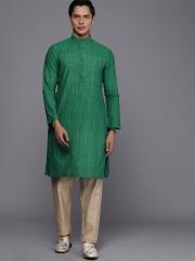 Manyavar Men Green Striped Straight Kurta