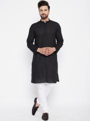 even Men Black Striped Dobby Kurta