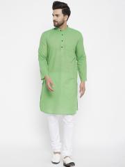 even Men Solid Green Striped Kurta