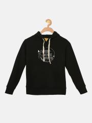 Instafab Boys Black Printed Hooded Sweatshirt