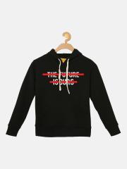 Instafab Boys Black Printed Hooded Sweatshirt