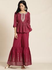 Juniper Women Maroon & Golden Printed Kurta with Sharara