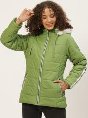 Okane Women Green Solid Parka Jacket with Detachable Hood