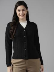 Cayman Women Black Self Design Cardigan