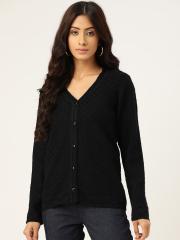 Madame Women Black Self Design Cardigan