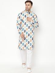 Hangup Men White & Blue Printed Kurta