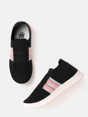 YK Girls Black Woven Design Slip-On Sneakers with Striped Detail