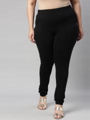 Go Colors Women Black Solid Cotton Churidar-Length Leggings