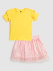 YK Infant Girls Yellow & Pink Solid Top with Skirt