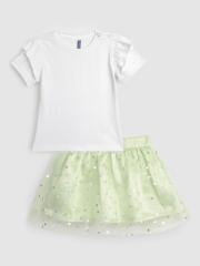 YK Infant Girls White & Green Solid Top with Skirt