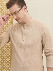 House of Pataudi Men Beige Woven Design Pure Cotton Rozana Straight Kurta