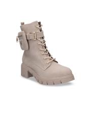 Bugatti Women Beige Block Heeled Boots with Buckles