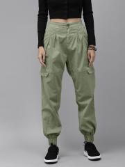 Roadster Women Olive Green Solid Regular Fit Mid-Rise Joggers