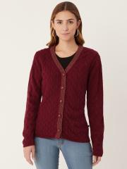 Madame Women Maroon Self-Design Cardigan