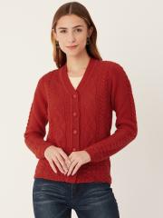 Madame Women Red Self-Design Cardigan