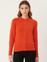 Madame Women Orange Solid Cardigan