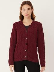 Madame Women Maroon Self Design Cardigan