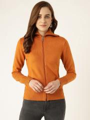 Madame Women Orange Solid Cardigan