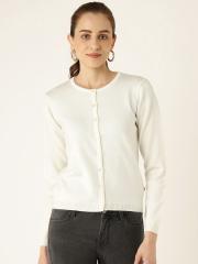 Madame Women Off White Solid Cardigan