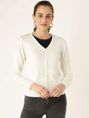 Madame Women Off White Solid Cardigan