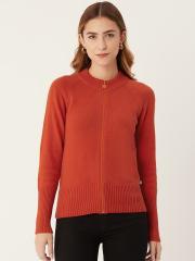 Madame Women Orange Solid Cardigan