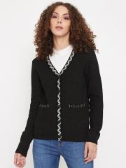 Madame Women Black Self Design Cardigan